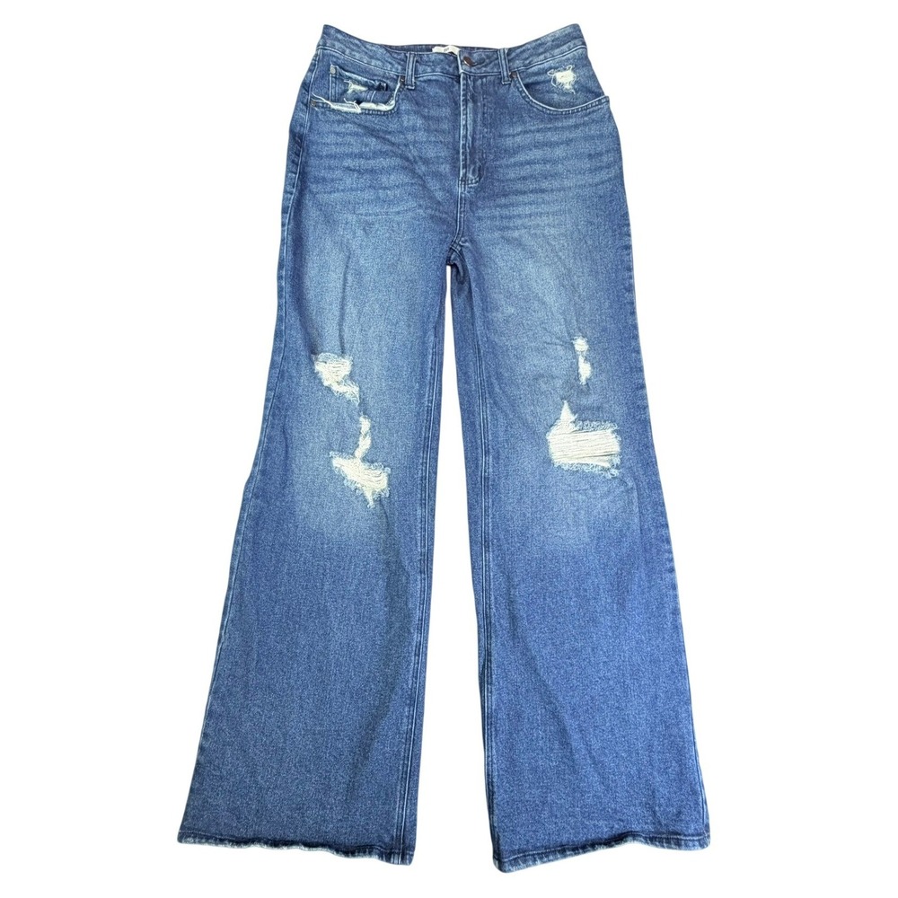 BP Jeans Womens 31 Wide Leg Faded Distressed High Rise Raw Hem Med Blue Wash